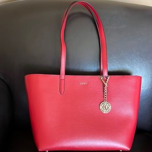 DKNY Bryant Medium Tote in Bright Red with Zipper closure.